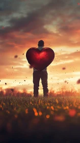 Silhouetted figure holding luminous heart against golden sunset landscape.