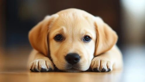 Golden labrador puppy resting on polished wooden floor.