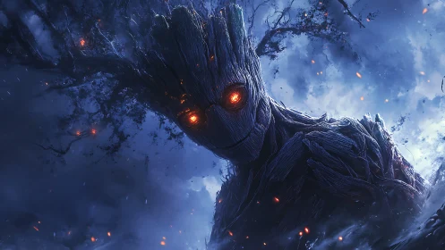 Eldritch tree guardian with burning eyes in stormy night.