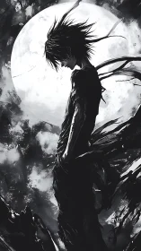 Monochrome anime silhouette against lunar backlight composition.