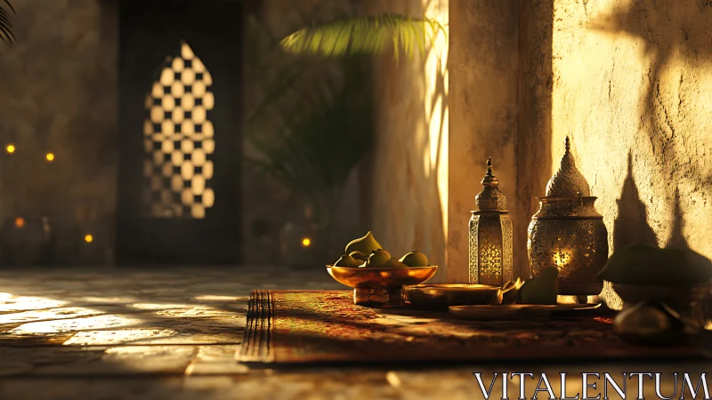 Golden brass lanterns glow beside fruit bowl in desert alcove
