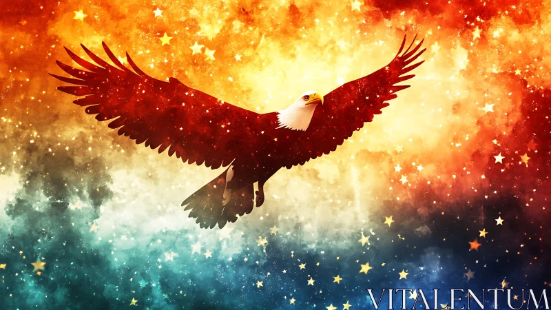Bald eagle silhouette over multicolor starry sky background.