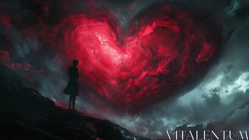 Solitary Figure Confronts Luminous Red Heart Against Atmospheric Darkness