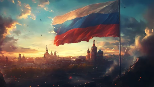 Russian tricolor flag above Moscow skyline at sunset.