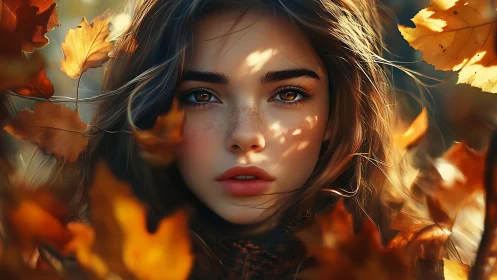 Autumn portrait of freckled girl with cinematic shallow focus