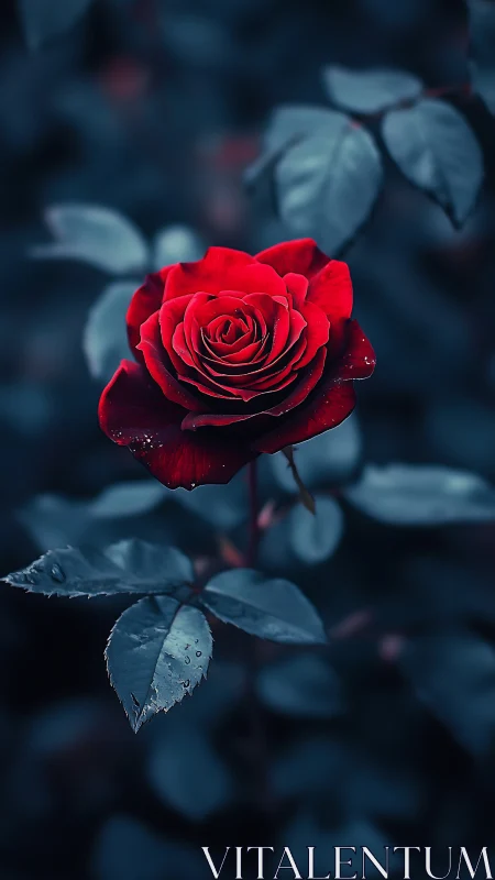 Crimson Rose Glistens in Moody Garden Shadows