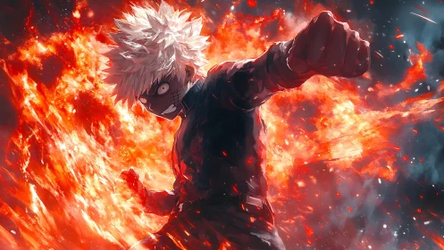 Explosive white-haired fighter drives flaming punch forward.