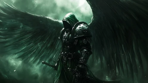 Hooded black‑winged paladin in gothic plate armor, sword drawn