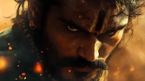 Warrior close-up with ember-lit gaze and ritual markings.