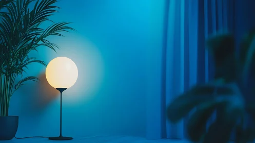 Orb lamp hush beside tropical leaves in blue twilight.