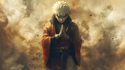 Meditating anime warrior centers within burning dust storm