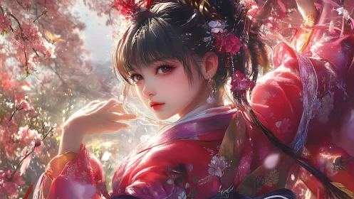 Springtime kimono beauty amid luminous cherry blossoms.