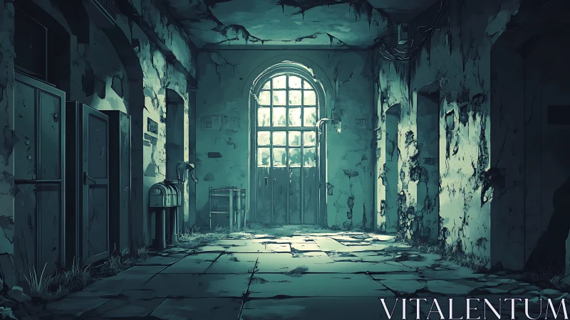 Derelict corridor with broken tiles and barred window.