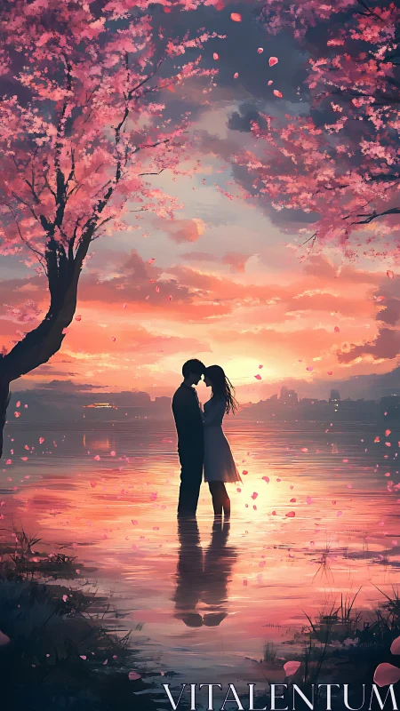 Romantic Silhouette Kiss Beneath Cherry Blossom Tree