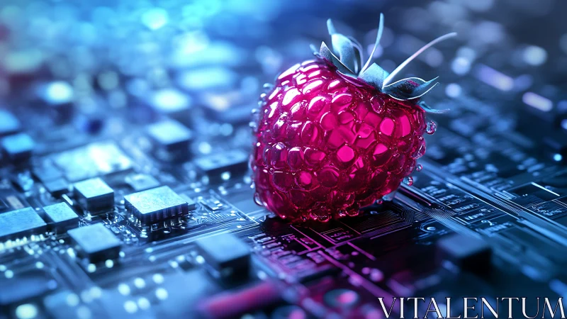 Raspberry-shaped cyber node on illuminated circuit board.