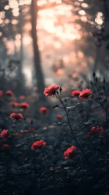 Cinematic bokeh forest with crimson roses in soft dusk light.