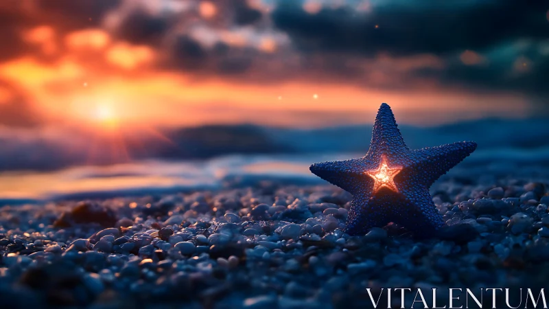 Glowing star-shaped object rests on wet pebbled shoreline at dusk