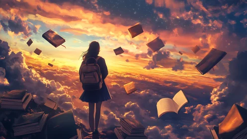 Skybound reader beneath a storm of glowing storybooks.