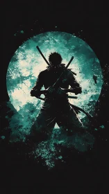 Silhouetted swordsman against teal moon splash backdrop.