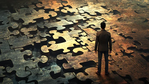 Man Confronts Giant Golden Puzzle Fragments on Weathered Floor.