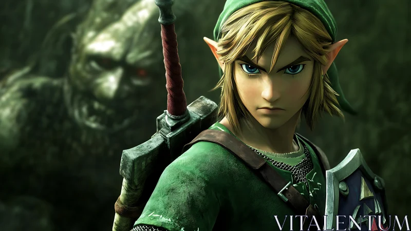 Determined fantasy hero stands ready against looming shadow