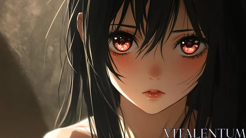 Black haired anime girl with intense red reflective eyes.