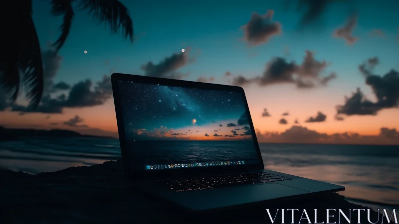 Cozy beachside laptop glowing under a dreamy sunset sky.