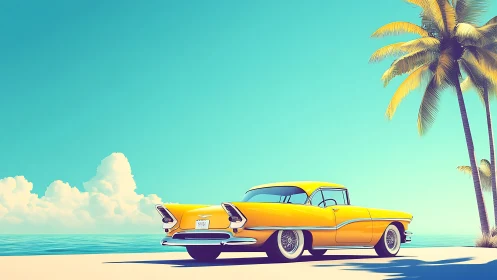 Yellow classic coupe parked on bright tropical beach road.