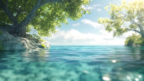 Tree-lined rocky shore meets shallow turquoise coastal water