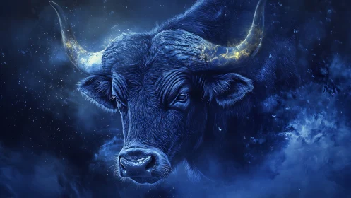 Starlit cosmic bull gazes calmly through deep blue night mist
