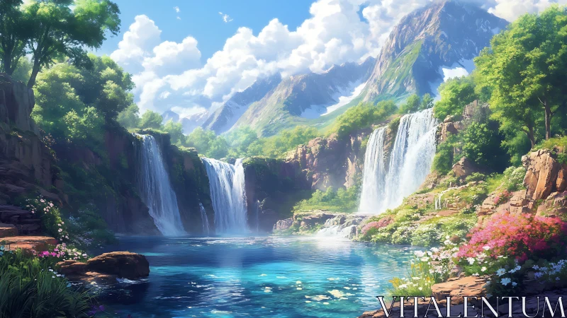 Luminous alpine waterfalls over turquoise forest basin.