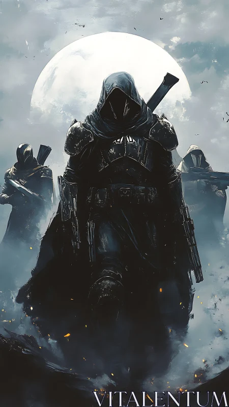 Digital painting of armored cloaked warriors under full moon.