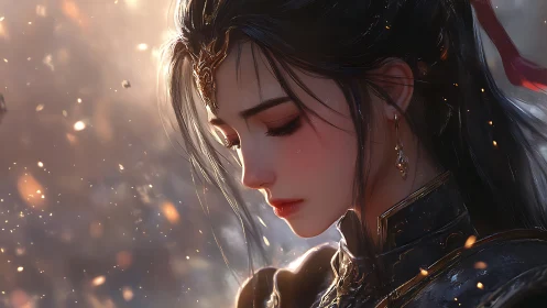 Side profile of armored woman in soft glowing particles.