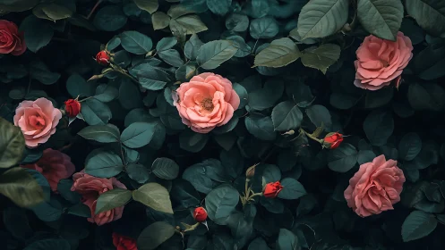 Pink Roses Bloom Among Lush Green Foliage in Serene Garden