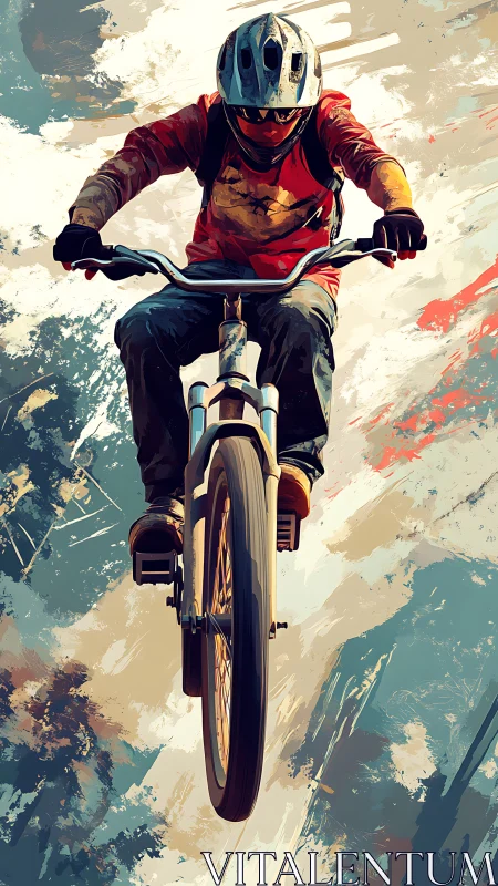Dynamic mountain biker jump in bold digital artwork.