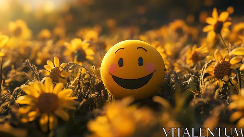 Smiling emoji sun nestles into a glowing field of daisies