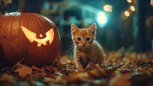 Curious Kitten Meets Glowing Halloween Pumpkin Magic.