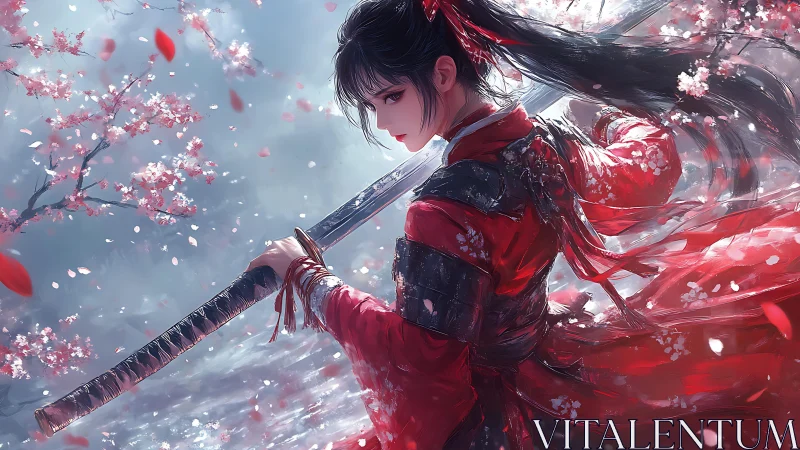 Crimson samurai blooms beneath a storm of falling petals.