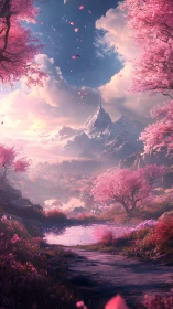 Mythic cherry blossom valley with crystalline spire peak.