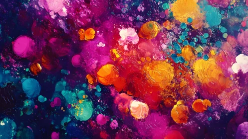 Vibrant abstract painting with colorful swirling paint splashes.