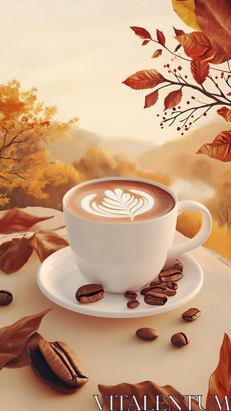 Latte art coffee cup rendered in warm autumnal color palette