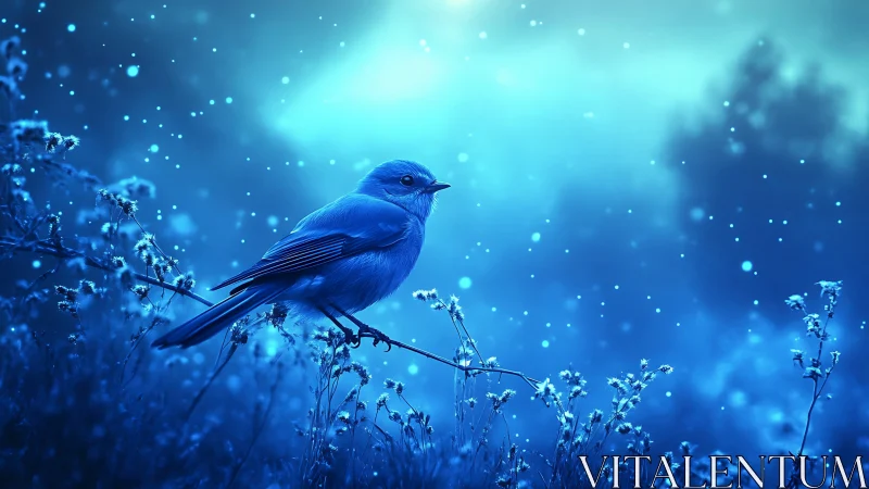 Bluebird perched on branch in dreamy glowing night scene.