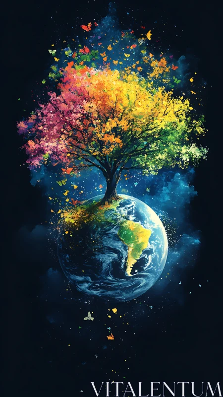 Cosmic rainbow tree blooming from Earth’s bright heartbeat.