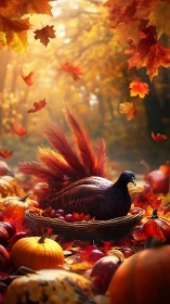 Autumn forest turkey centerpiece amid pumpkins and maple leaves