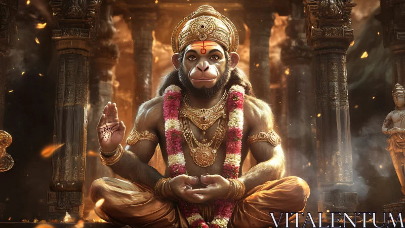 Divine simian deity in ornate temple with cinematic warm light.