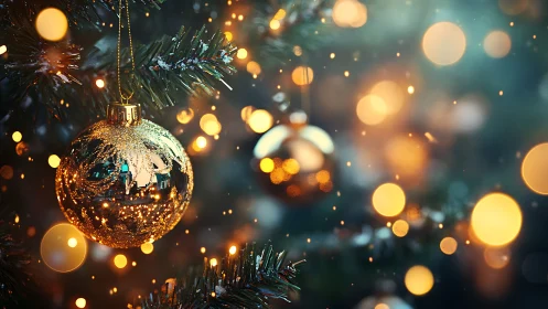 Gold ornament on tree branch with blurred lights background.