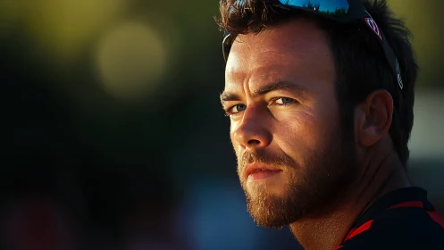 Photorealistic male portrait in dramatic sunset side lighting.