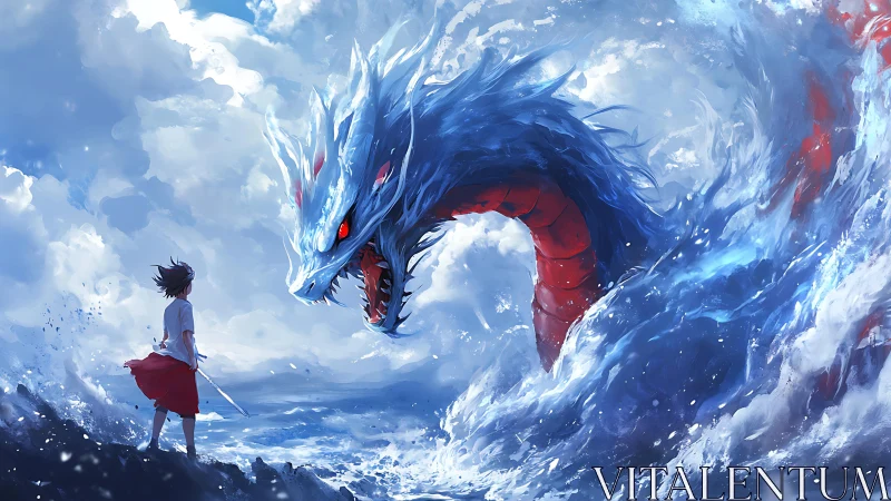 Sword-bearing youth confronts ocean dragon amid storm surge