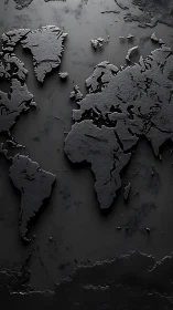 Textured black world map relief on matte charcoal surface.