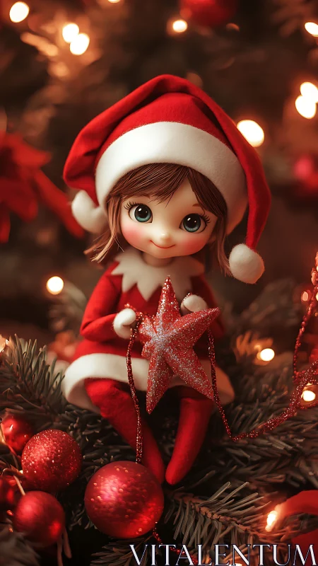 Glowing Christmas elf figurine with glitter star ornament detail.
